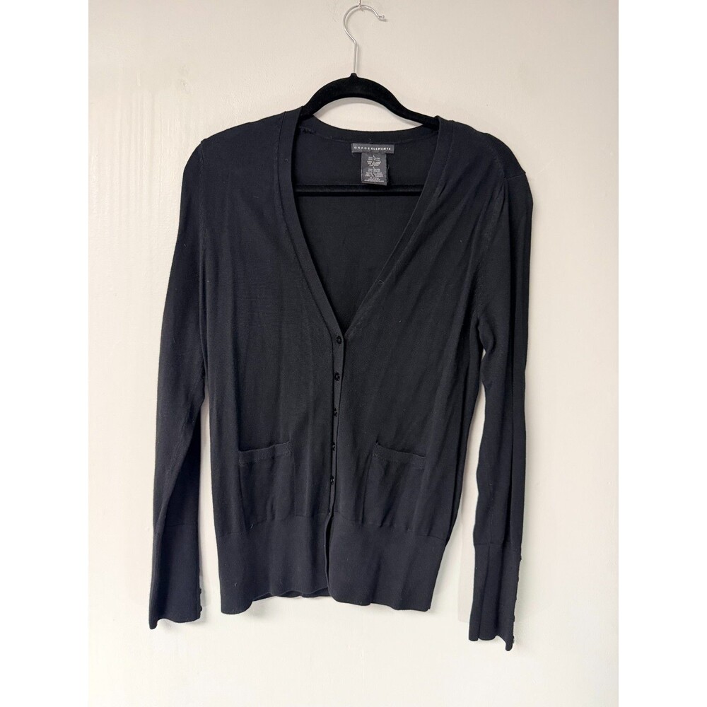 Grace Elements Womens Cardigan Sweater Large Black Button Front V Neck